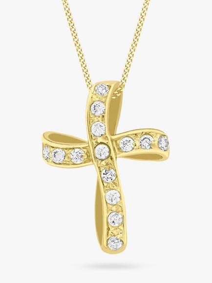 IBB 9ct Yellow Gold Twisted Cubic Zirconia Cross Pendant, Gold, Gold