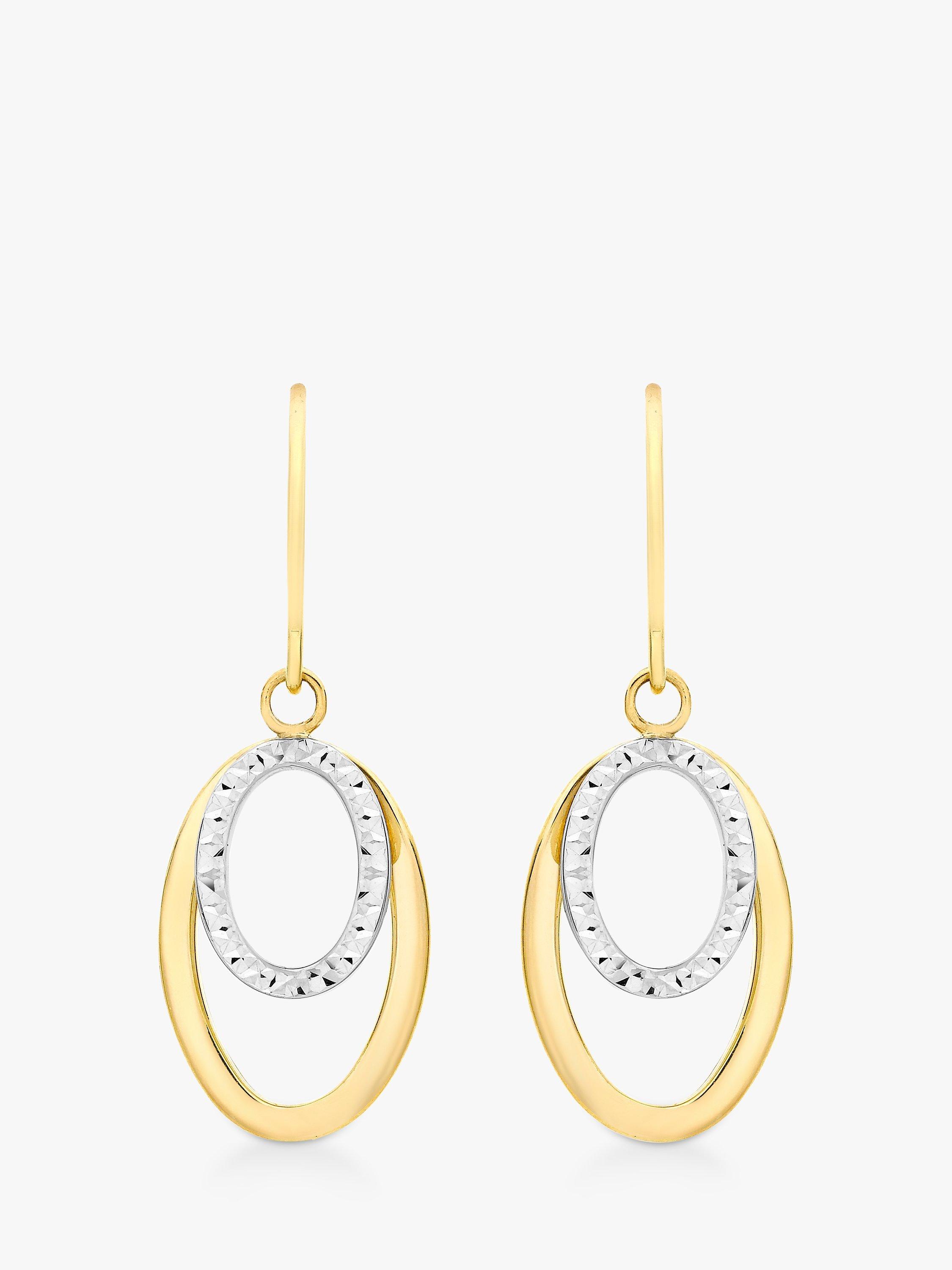 Product image 1 of 4, which shows IBB 9ct Gold 2 Tone Double Oval Drop Earrings, White/Gold