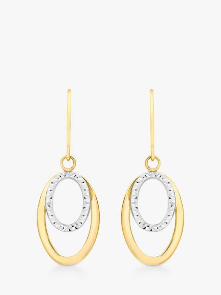 IBB 9ct Gold 2 Tone Double Oval Drop Earrings, White/Gold, White/Gold