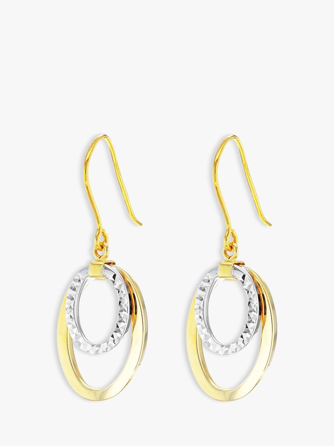 Product image 2 of 4, which shows IBB 9ct Gold 2 Tone Double Oval Drop Earrings, White/Gold