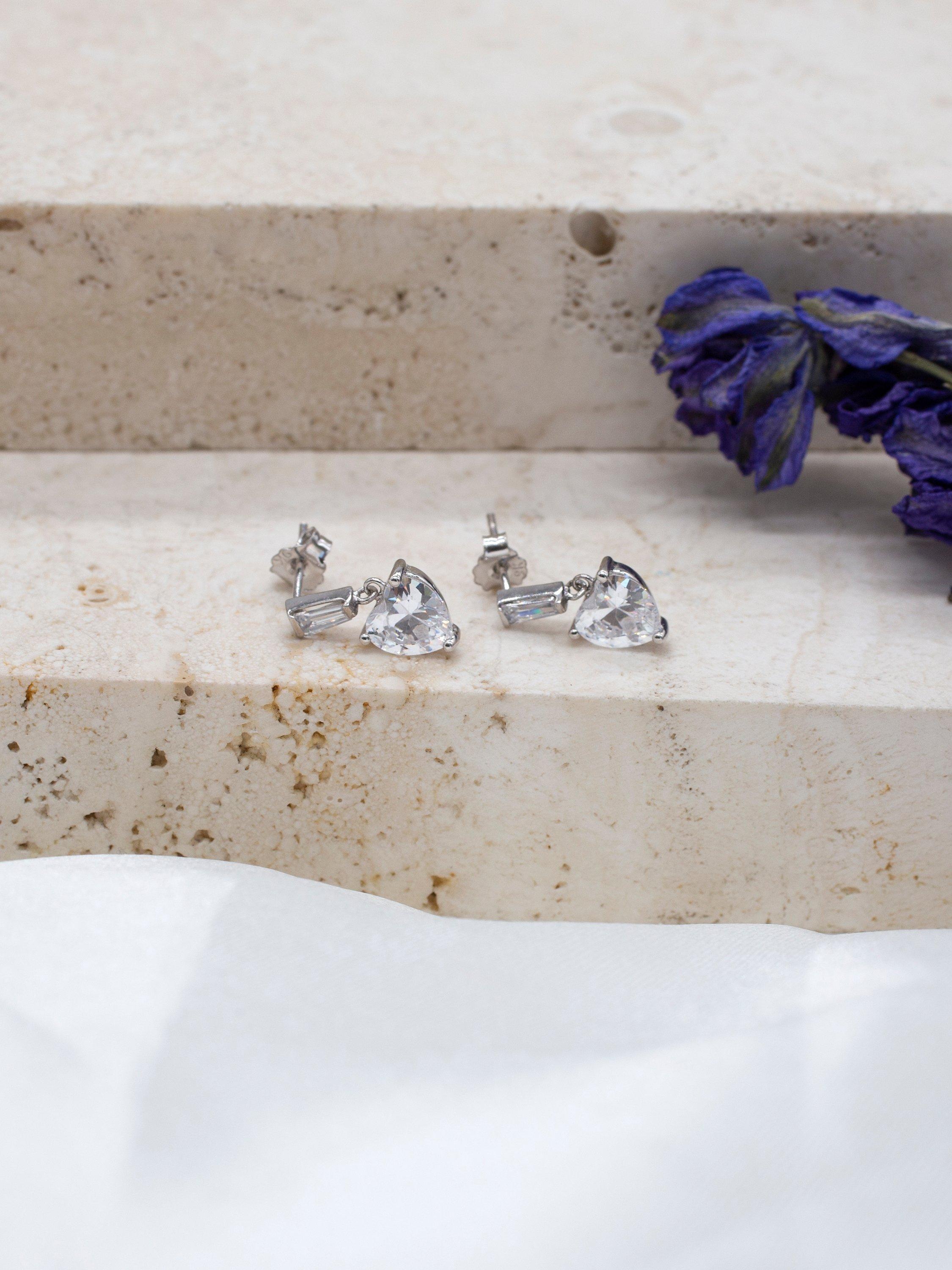 Product image 3 of 4, which shows IBB 9ct White Gold Cubic Zirconia Heart Drop Earrings, White
