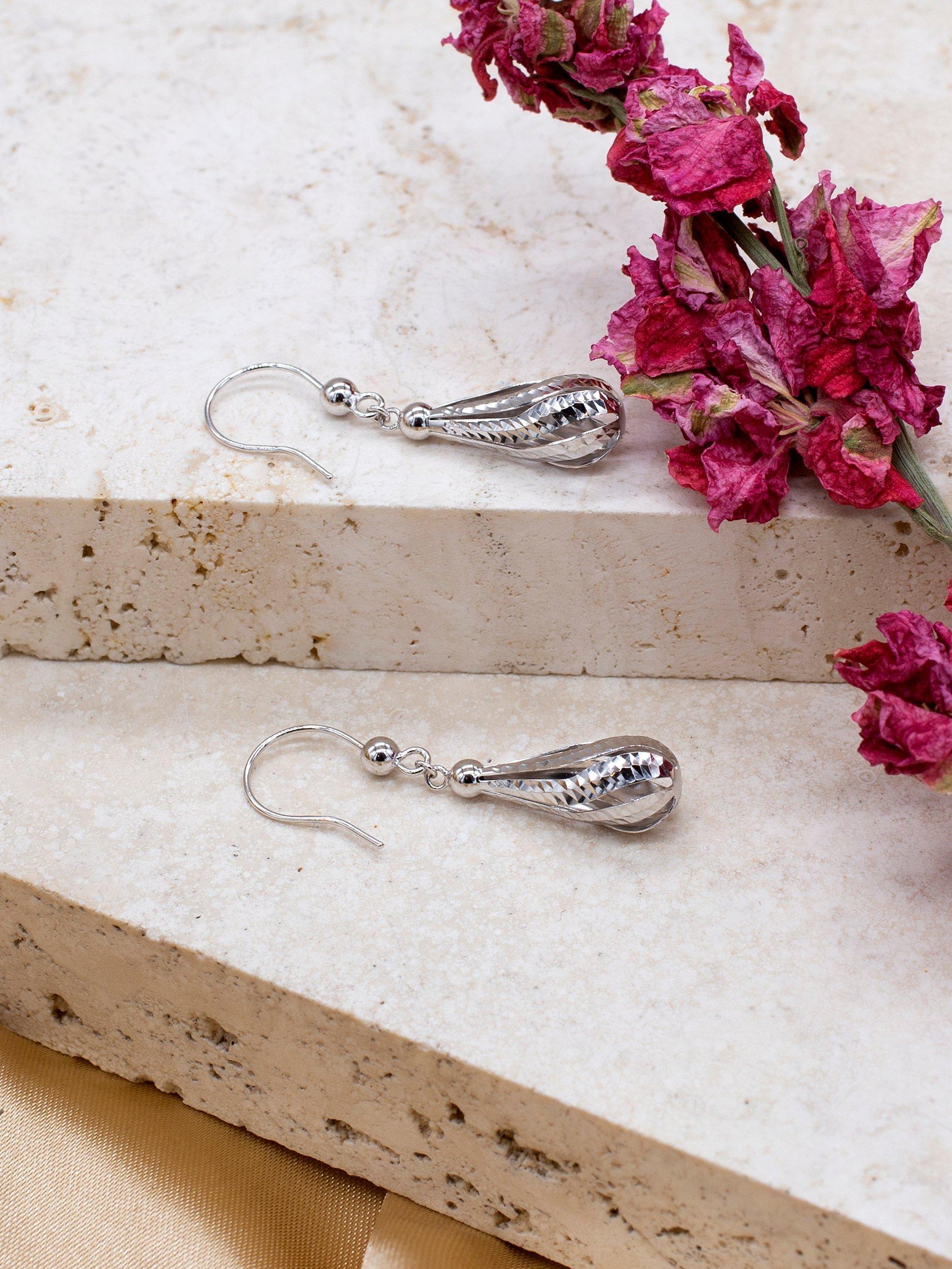 Product image 3 of 4, which shows IBB 9ct White Gold Diamond-Cut Teardrop Drop Earrings, White