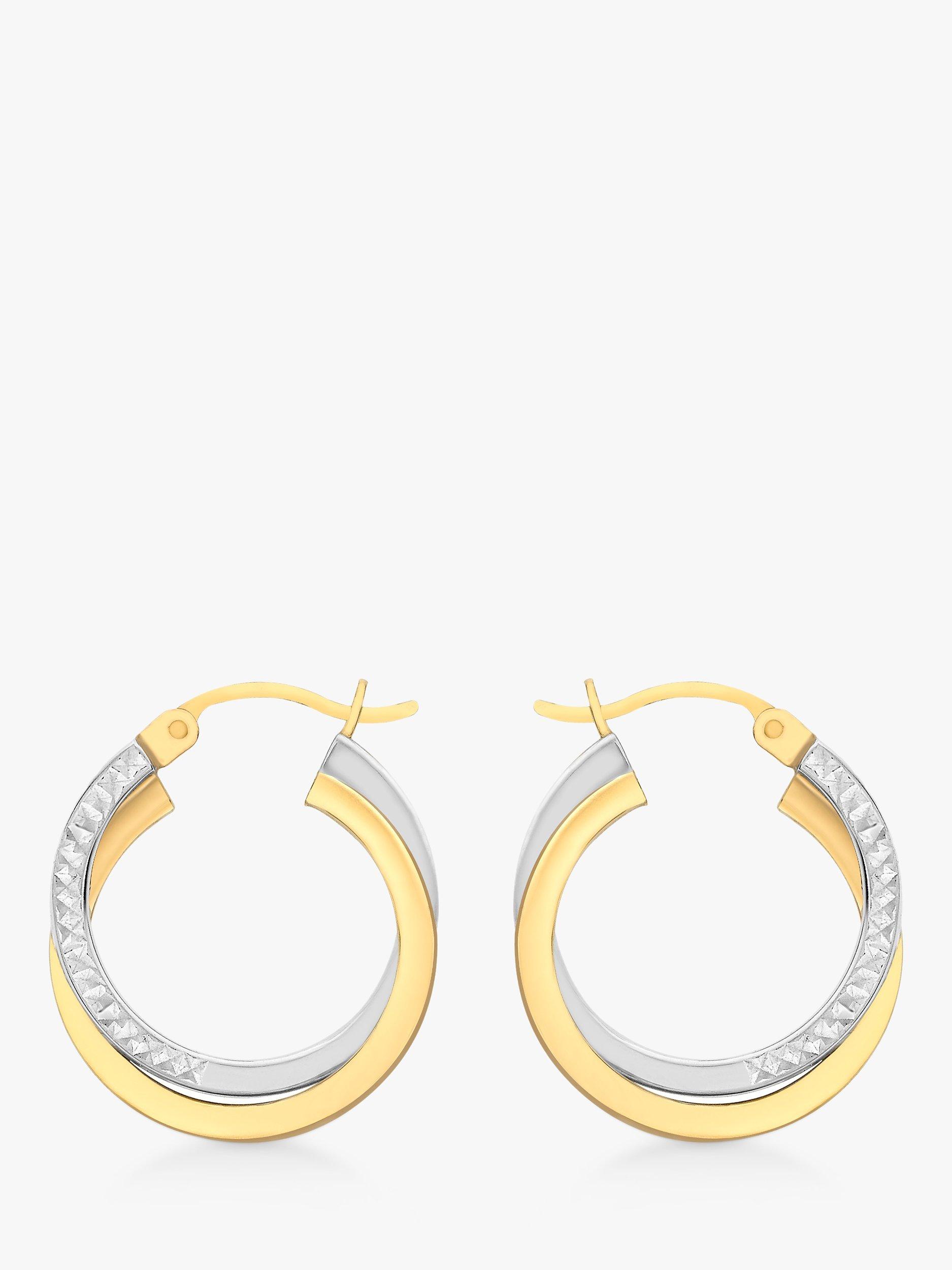 Product image 1 of 4, which shows IBB 9ct Gold Two Tone Diamond-Cut Crossover Creole Earrings, White Gold/Gold