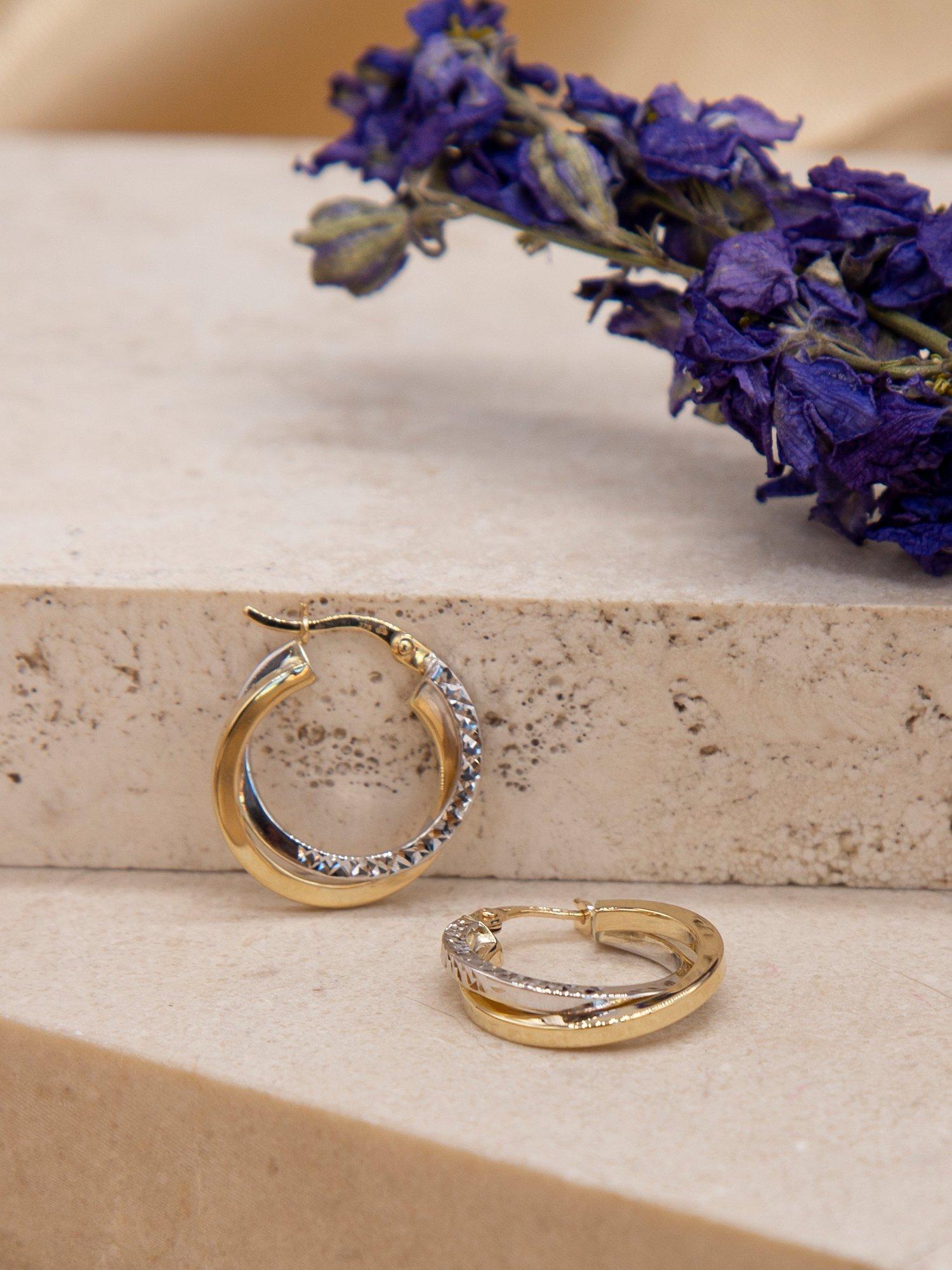Product image 3 of 4, which shows IBB 9ct Gold Two Tone Diamond-Cut Crossover Creole Earrings, White Gold/Gold