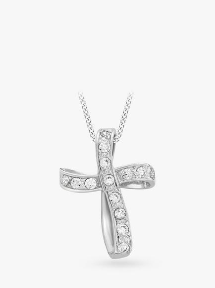 IBB 9ct White Gold Twisted Cubic Zirconia Cross Pendant, White Gold, White Gold