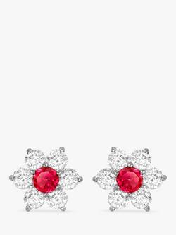 IBB 9ct White Gold Flower Cluster Stud Earrings, White/Red