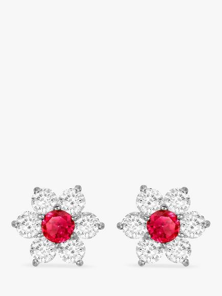 IBB 9ct White Gold Flower Cluster Stud Earrings, White/Red