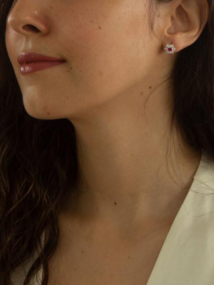 IBB 9ct White Gold Flower Cluster Stud Earrings - view 2, White/Red