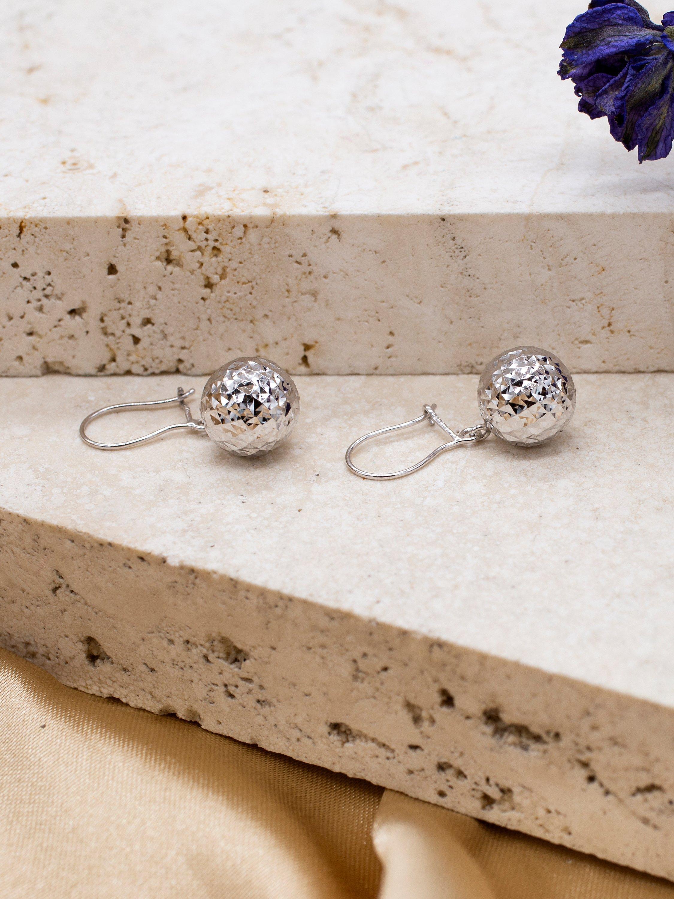 Product image 3 of 4, which shows IBB 9ct White Gold Ball Diamond-Cut Drop Earrings, White