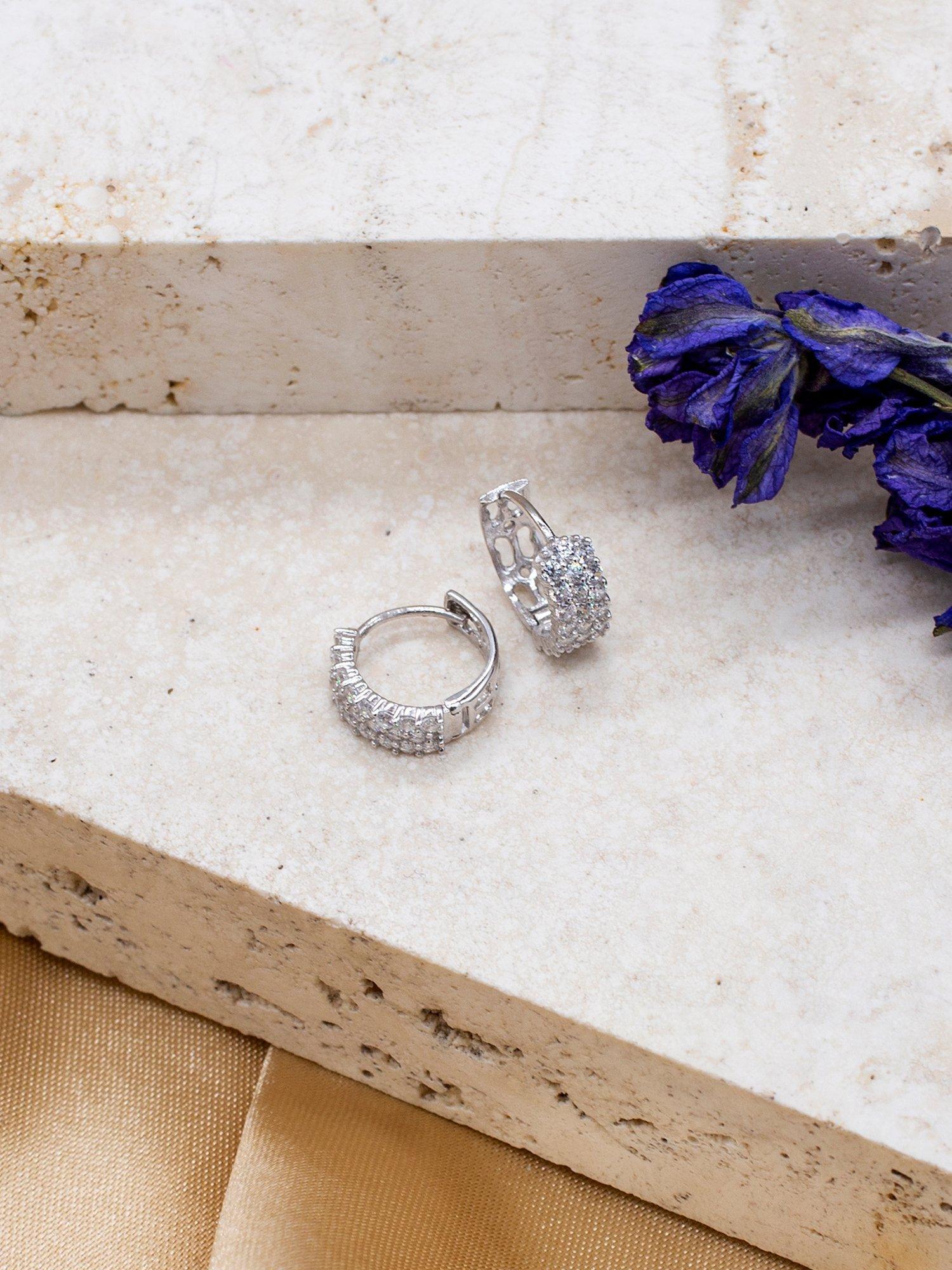 Product image 3 of 4, which shows IBB 9ct White Gold 3 Row Cubic Zirconia Hoop Earrings, White