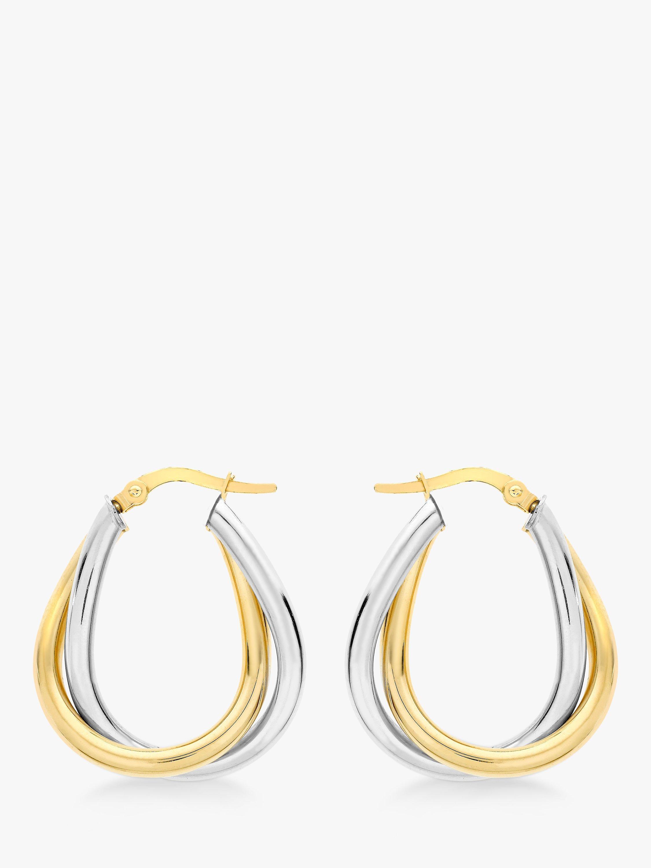 Product image 2 of 4, which shows IBB 9ct Gold Two Colour Twined Creole Earrings, White Gold/Gold