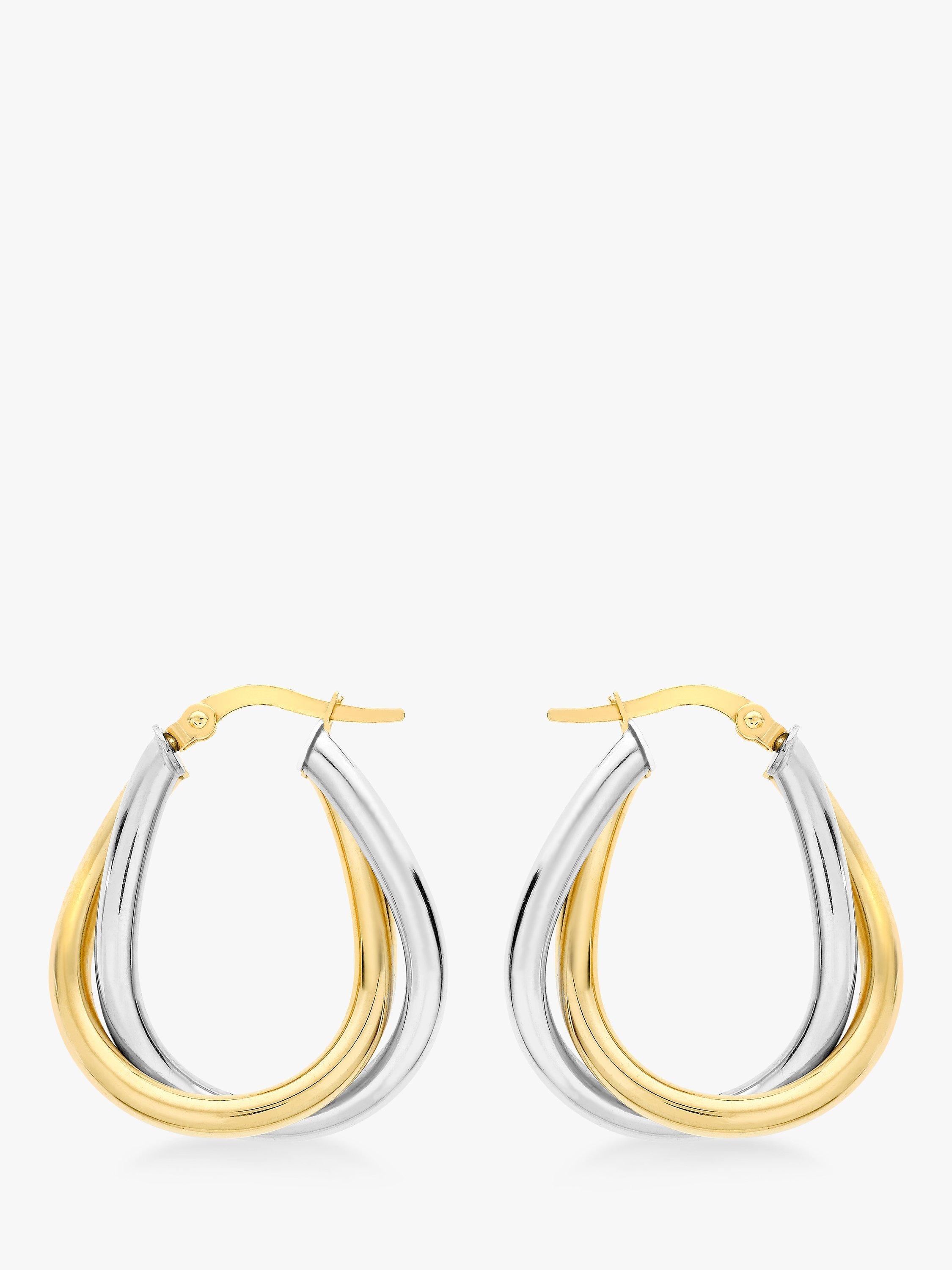 Product image 1 of 4, which shows IBB 9ct Gold Two Colour Twined Creole Earrings, White Gold/Gold