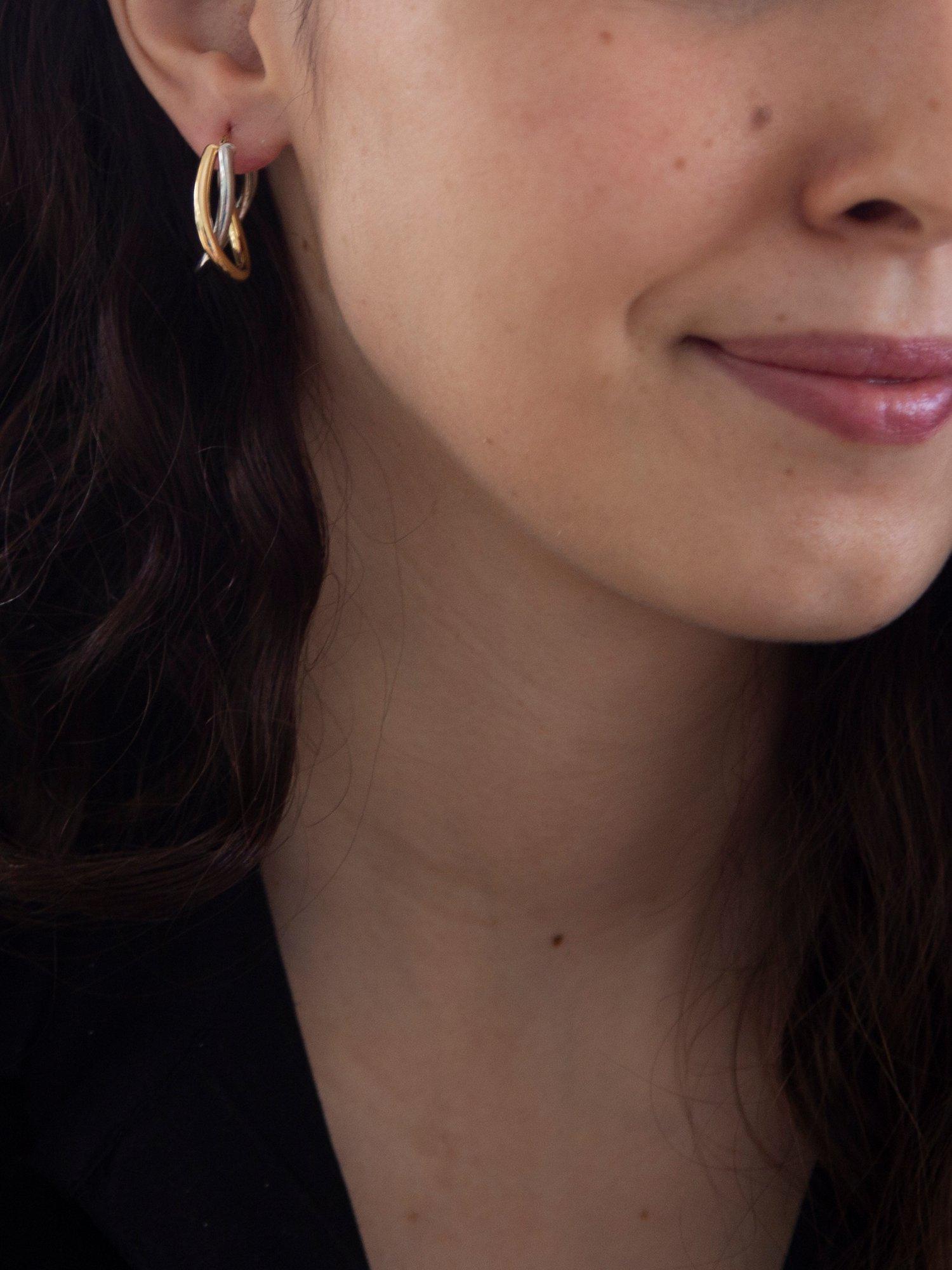 Product image 3 of 4, which shows IBB 9ct Gold Two Colour Twined Creole Earrings, White Gold/Gold