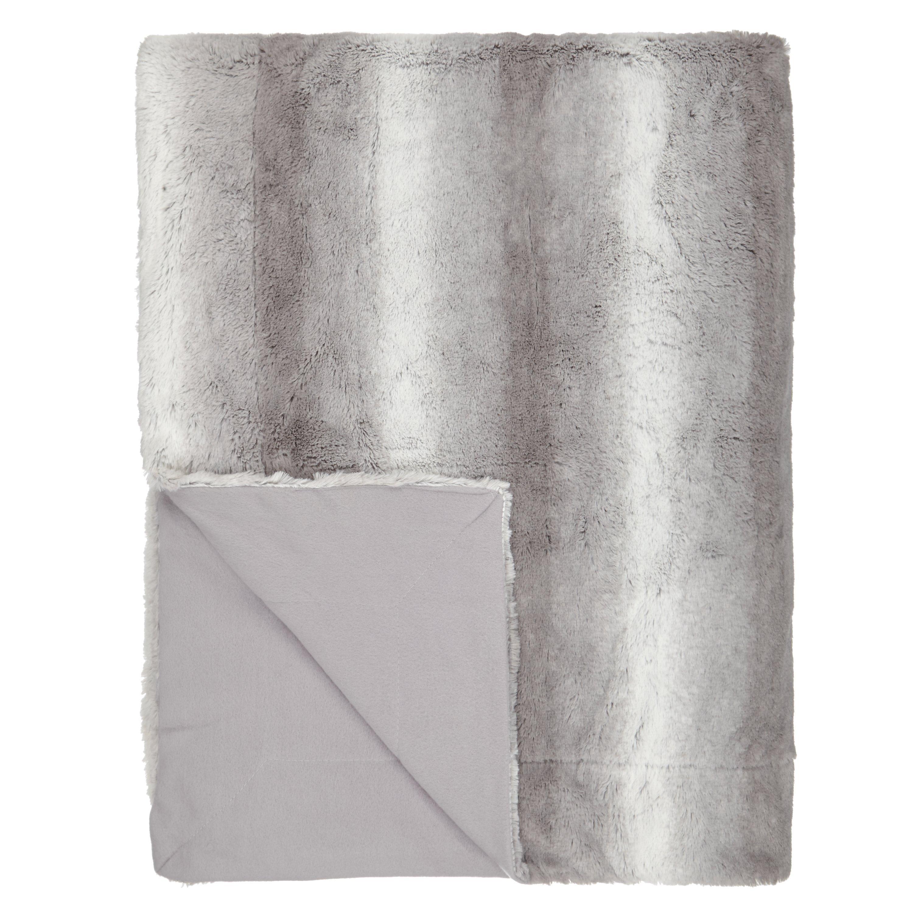 John Lewis Stripe Faux Fur Throw Blanket, Grey