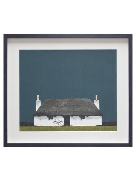 John Lewis Ron Lawson 'Cottage And Bike' Framed Print, 45 x 52cm, Blue/Multi