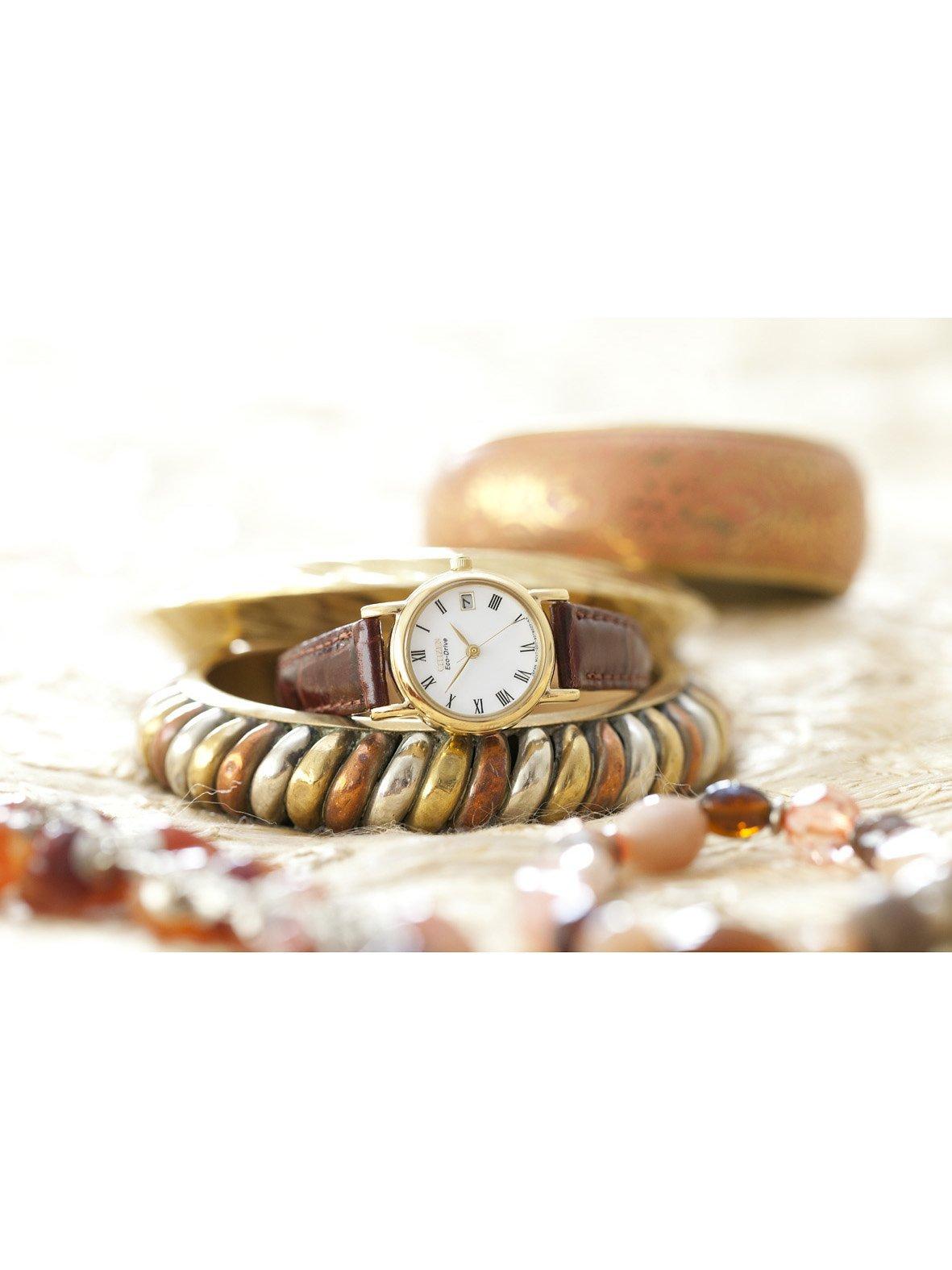 Product image 2 of 7, which shows Citizen EW1272-01B Women's Eco-Drive Leather Strap Watch, Brown/White