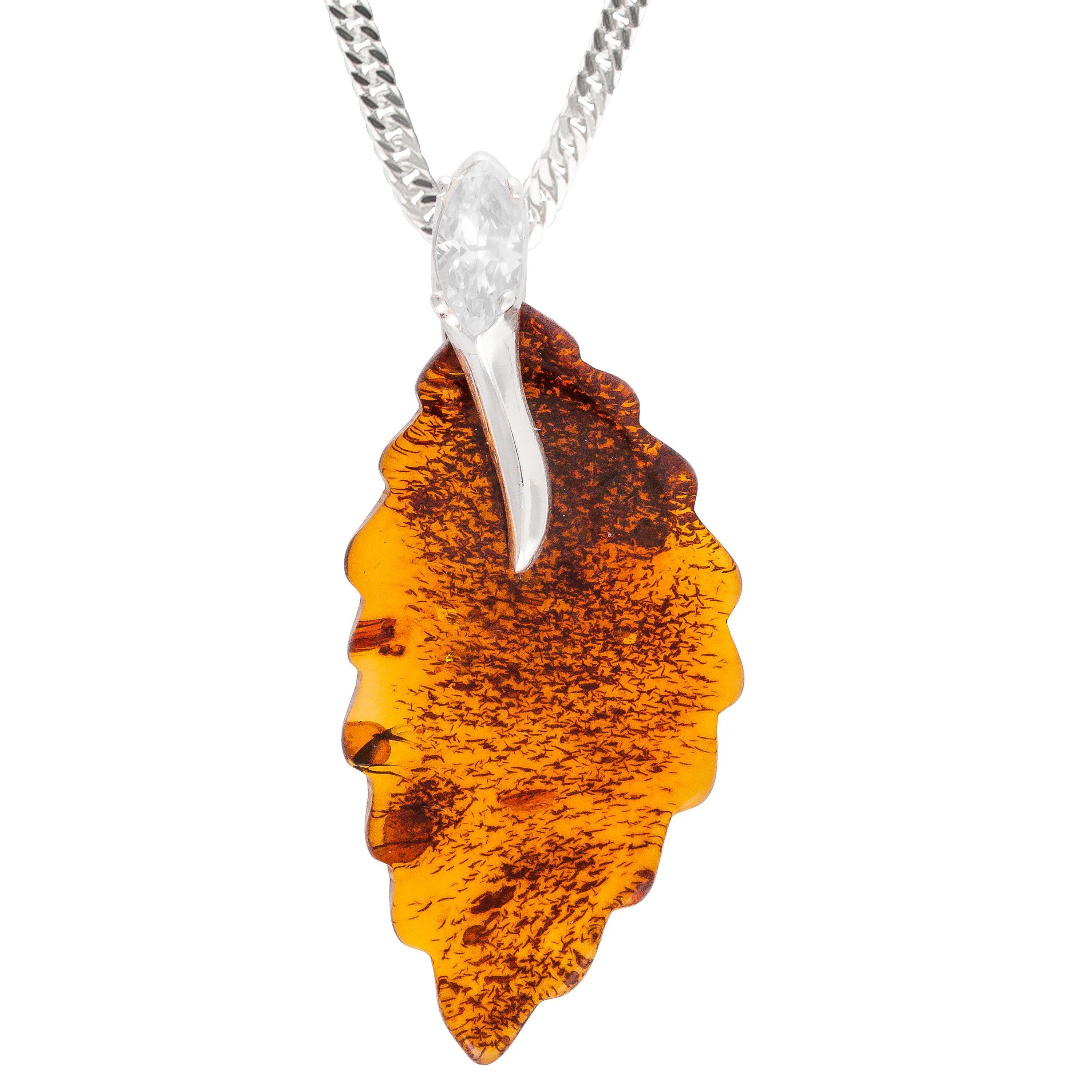Be-jewelled Sterling Silver Cognac Amber Leaf Pendant Necklace, Amber
