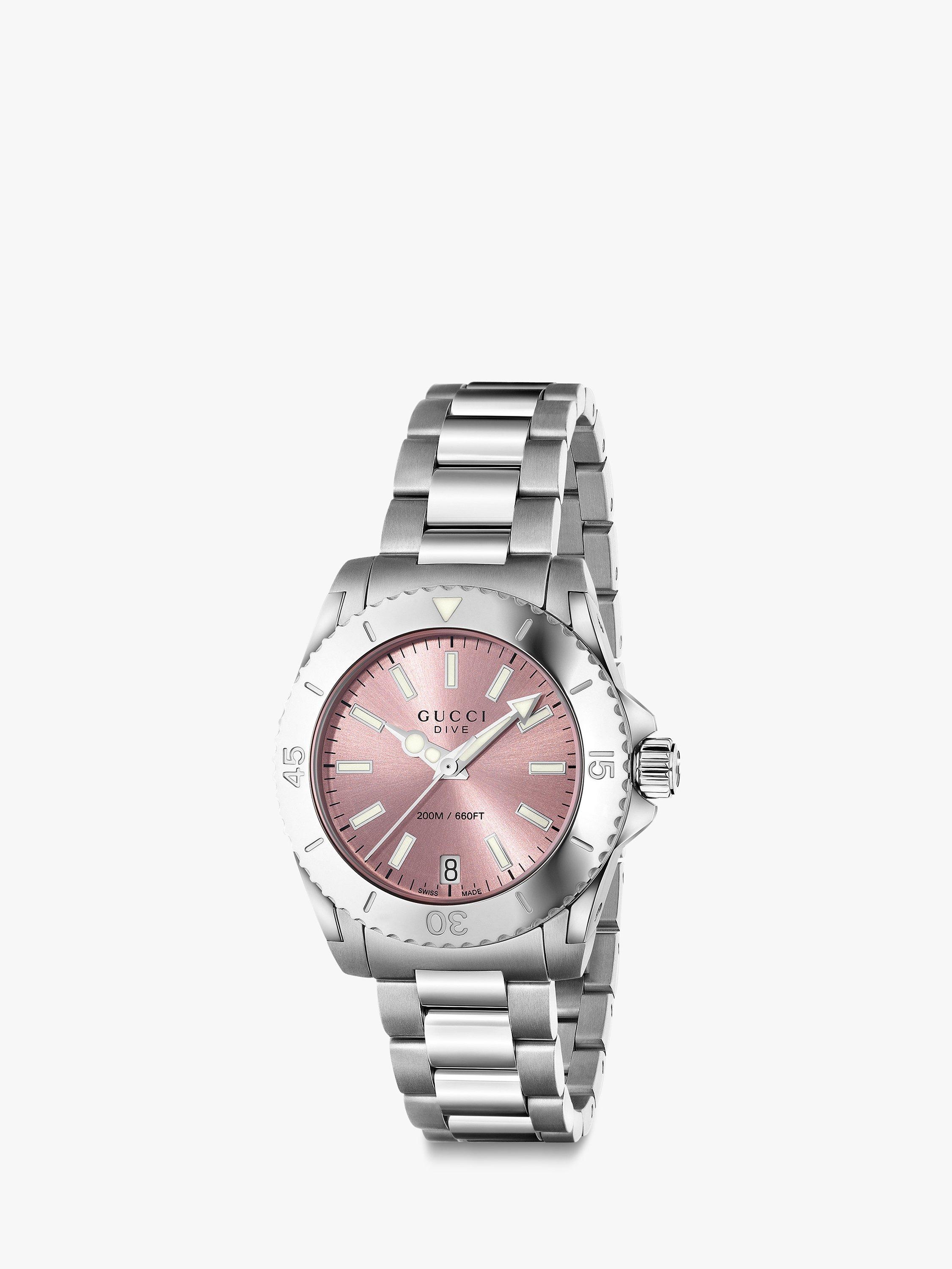 Gucci YA136302 Women s Dive Stainless Steel Bracelet Strap Watch Silver Pink