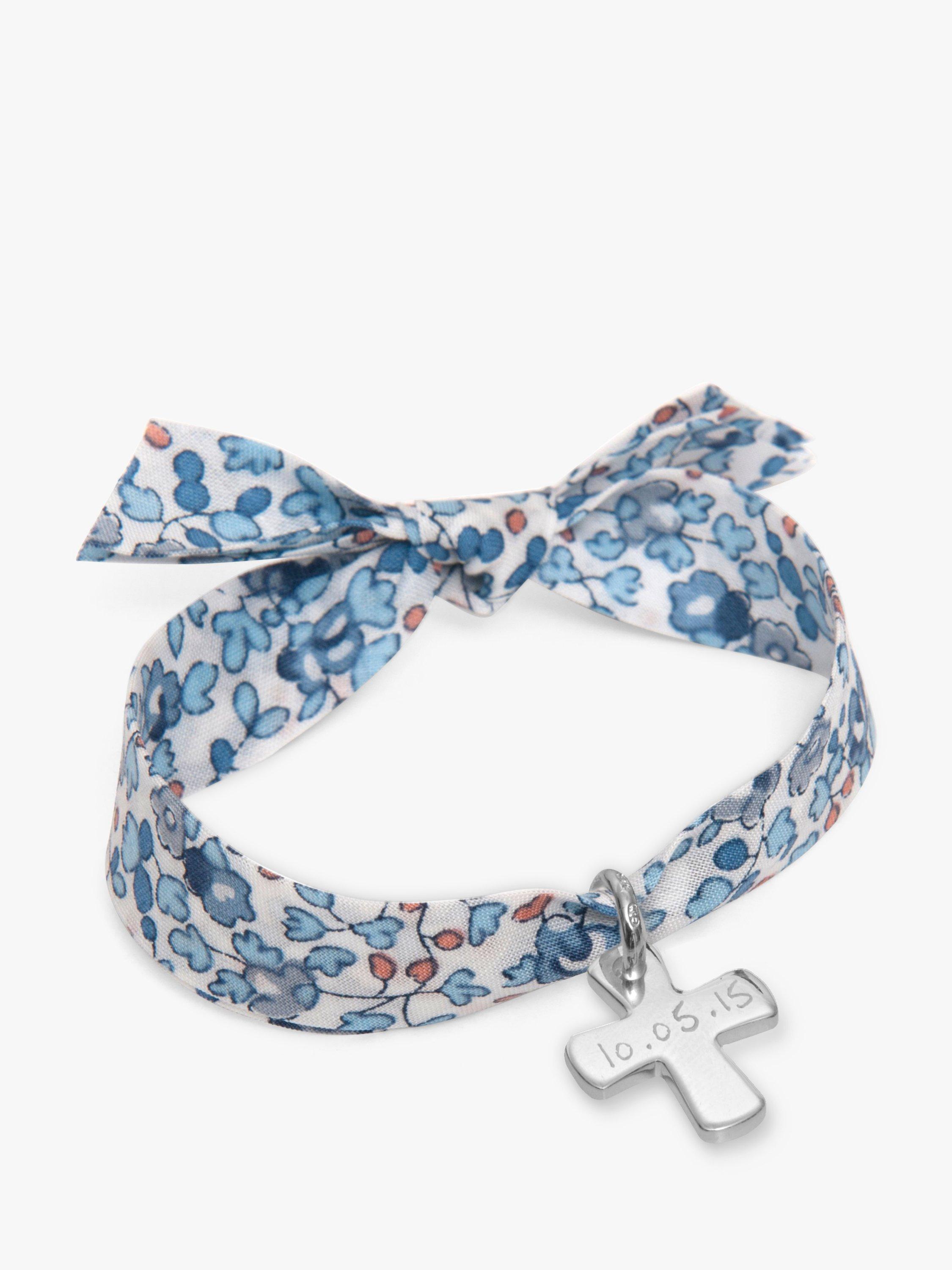 Merci Maman Personalised Sterling Silver Cross Liberty Bracelet, Eloise Blue