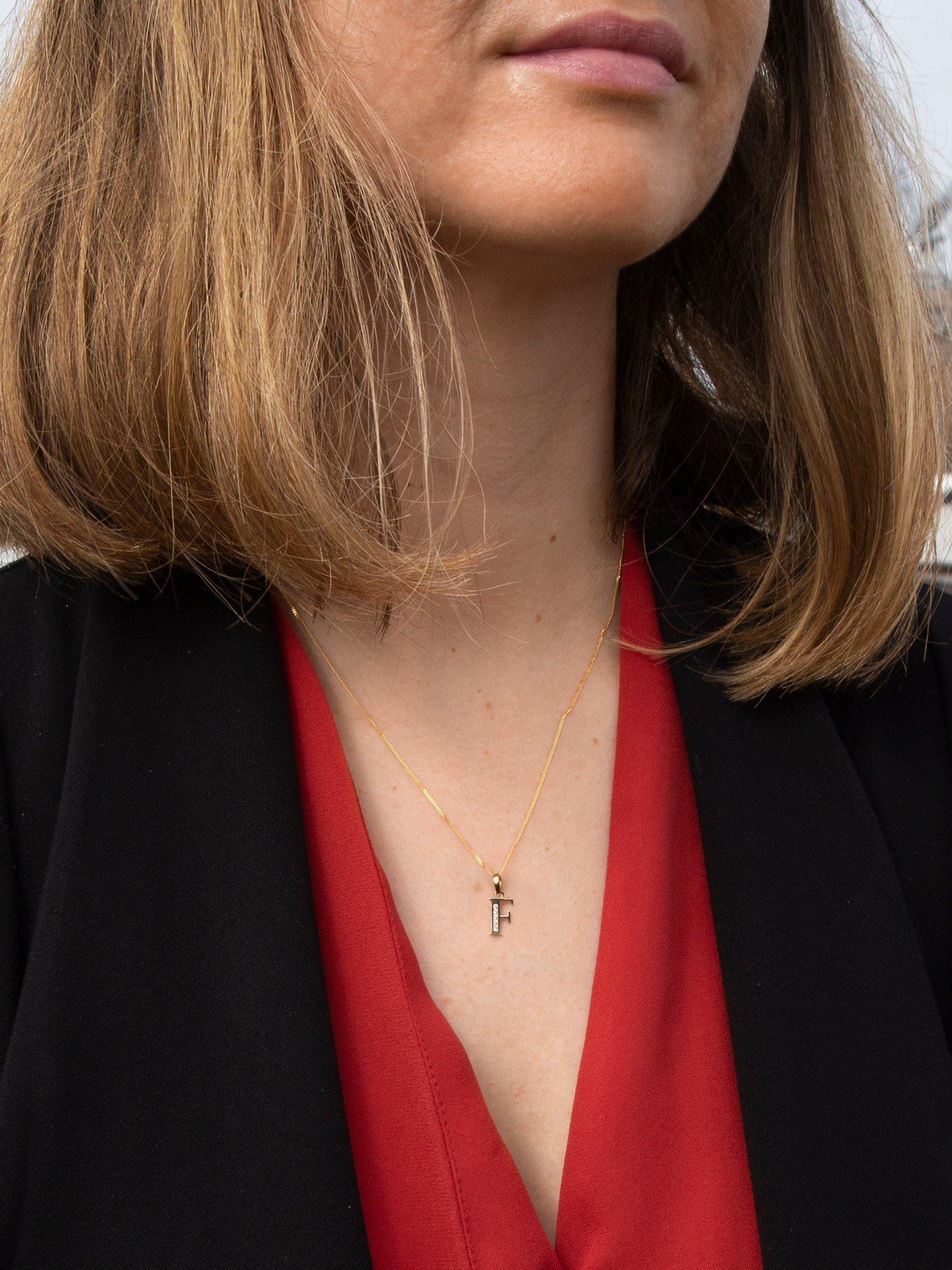 Product image 2 of 5, which shows IBB 9ct Gold Cubic Zirconia Initial Pendant Necklace, F