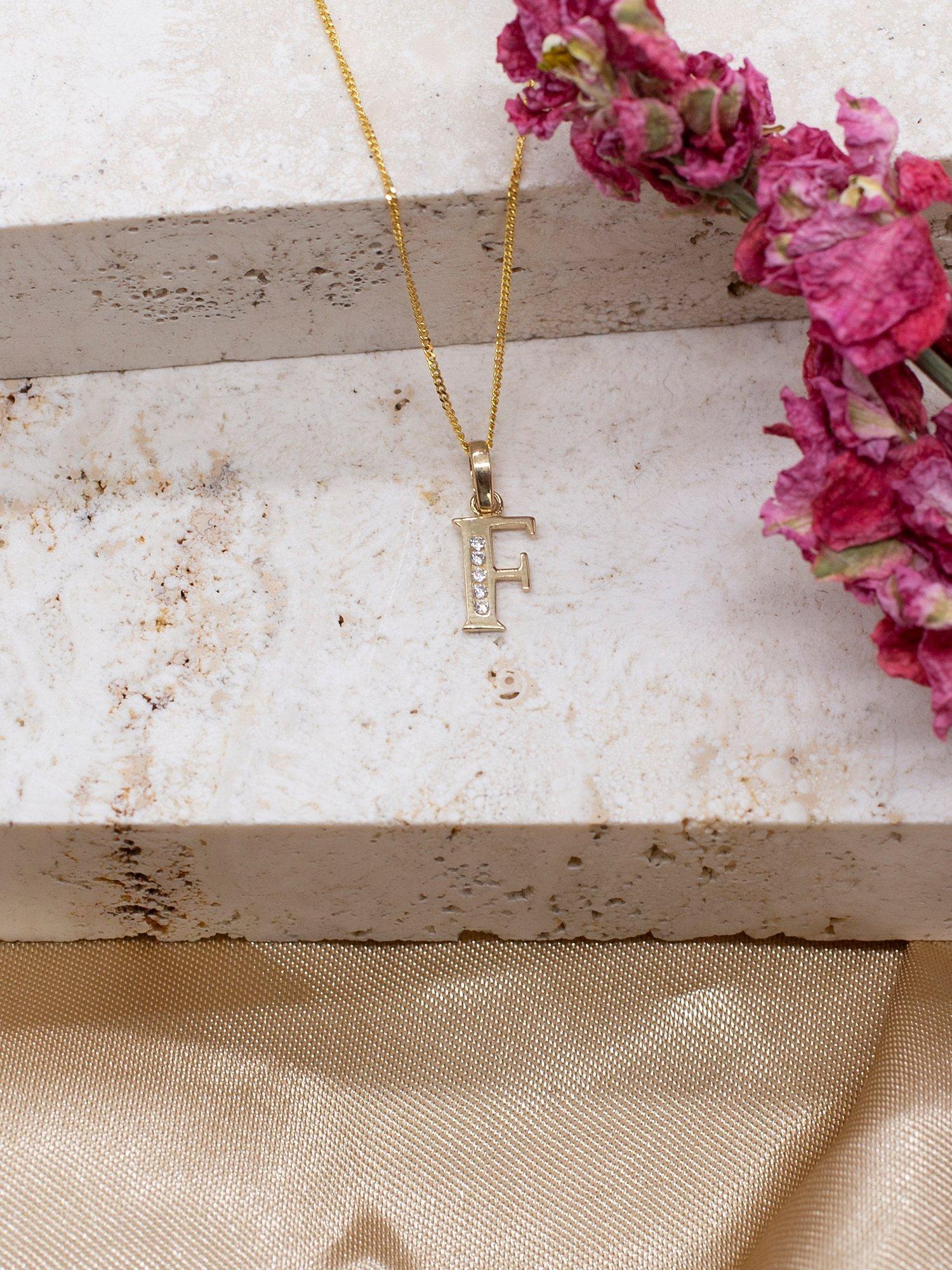 Product image 3 of 5, which shows IBB 9ct Gold Cubic Zirconia Initial Pendant Necklace, F