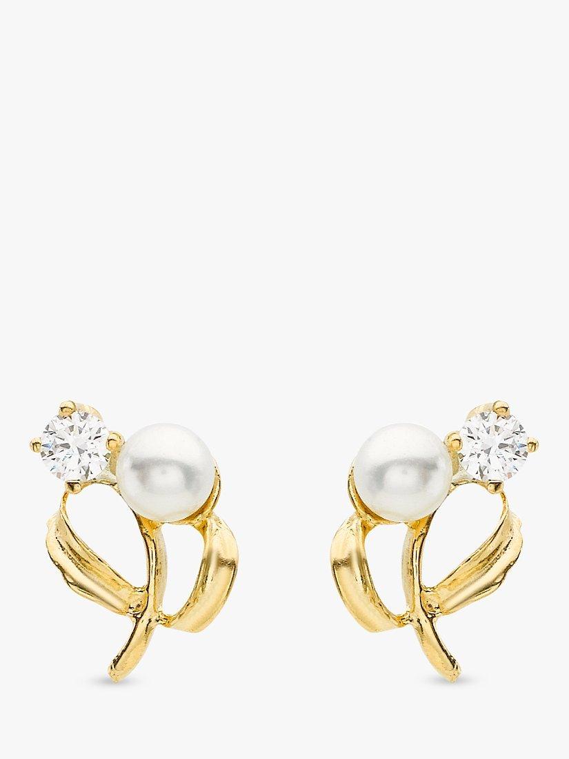Product image 1 of 4, which shows IBB 9ct Yellow Gold Pearl Cubic Zirconia Stud Earrings, Yellow Gold