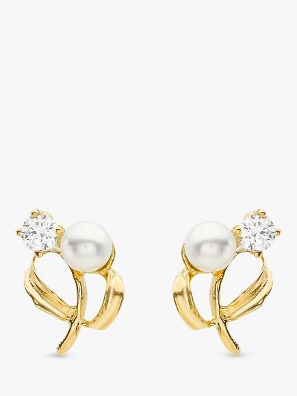 IBB 9ct Yellow Gold Pearl Cubic Zirconia Stud Earrings, Yellow Gold, Gold