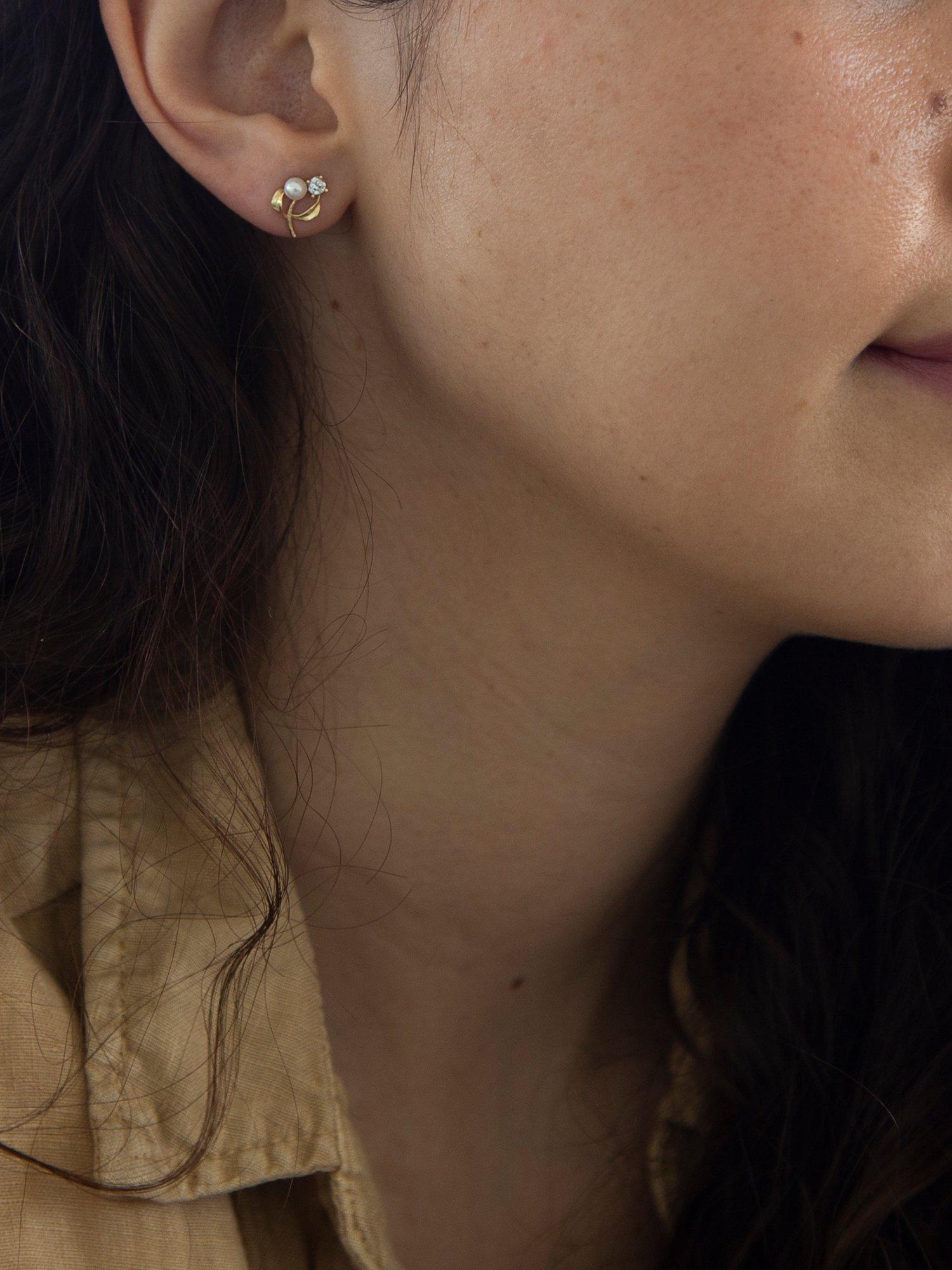 Product image 2 of 4, which shows IBB 9ct Yellow Gold Pearl Cubic Zirconia Stud Earrings, Yellow Gold