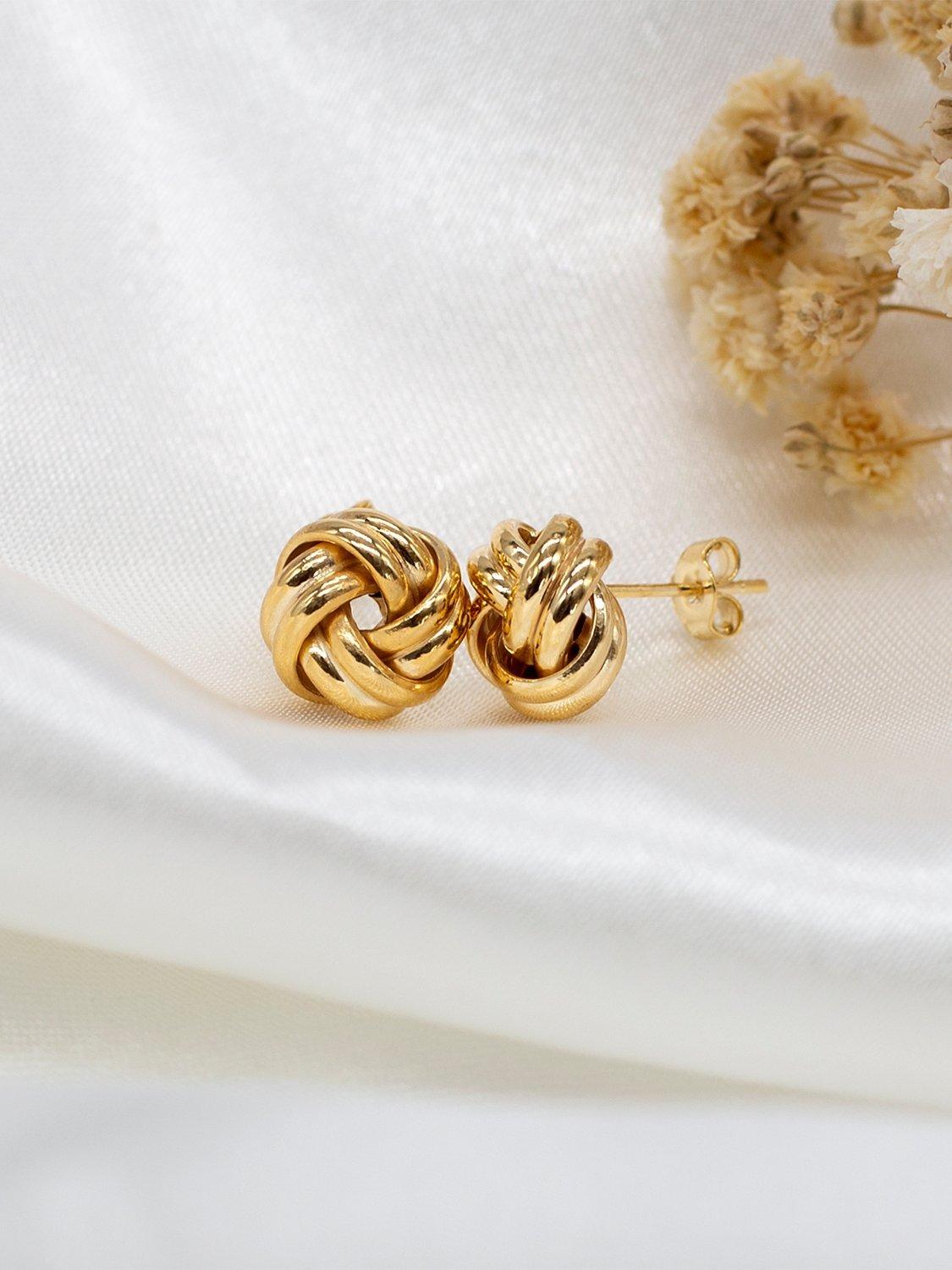Product image 3 of 4, which shows IBB 18ct Yellow Gold Knot Stud Earrings, Yellow Gold