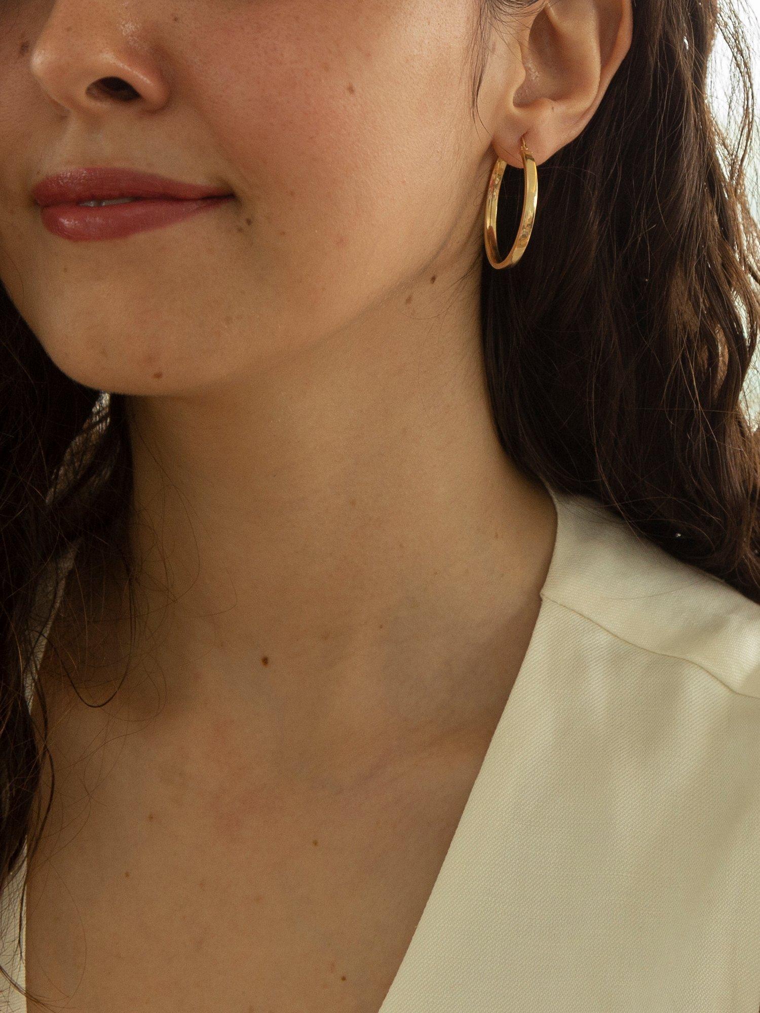 Product image 2 of 4, which shows IBB 18ct Yellow Gold Rectangular Tube Creole Earrings, Yellow Gold
