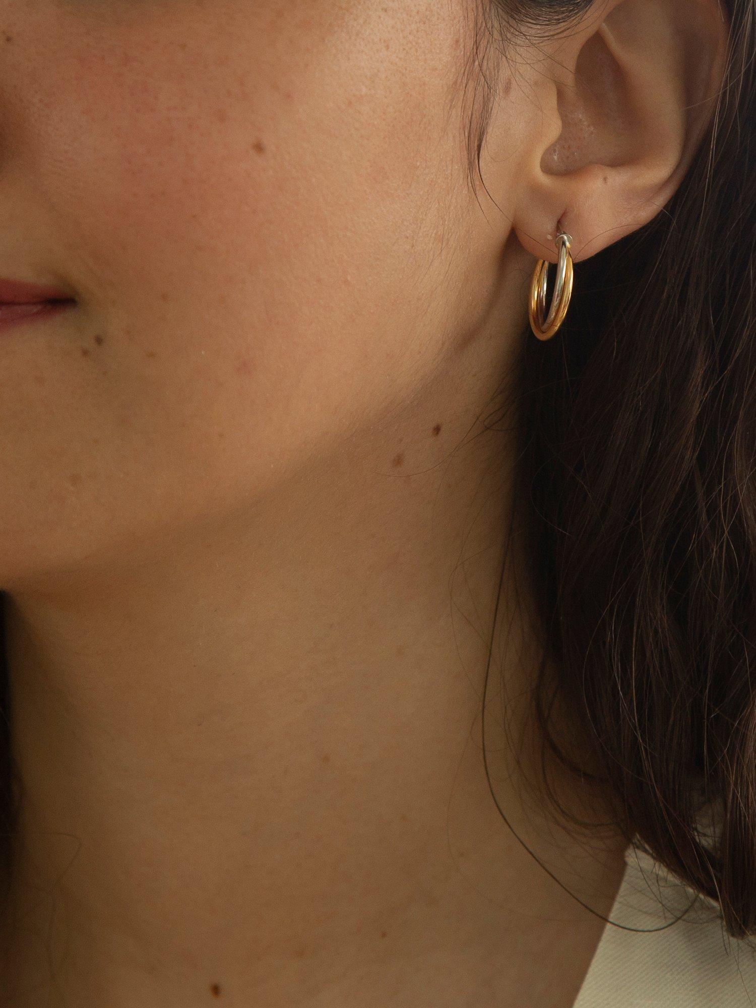 Product image 2 of 4, which shows IBB 18ct Gold Two Colour Double Tube Creole Earrings, Gold/White Gold