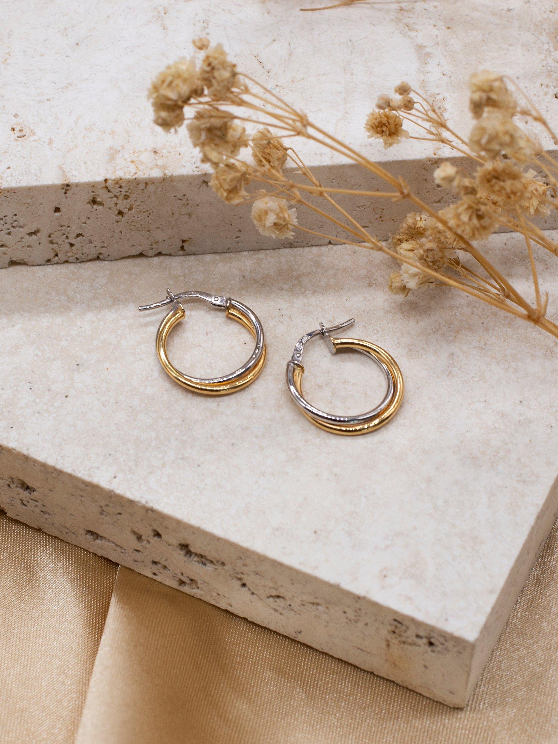 IBB 18ct Gold Two Colour Double Tube Creole Earrings Gold White Gold