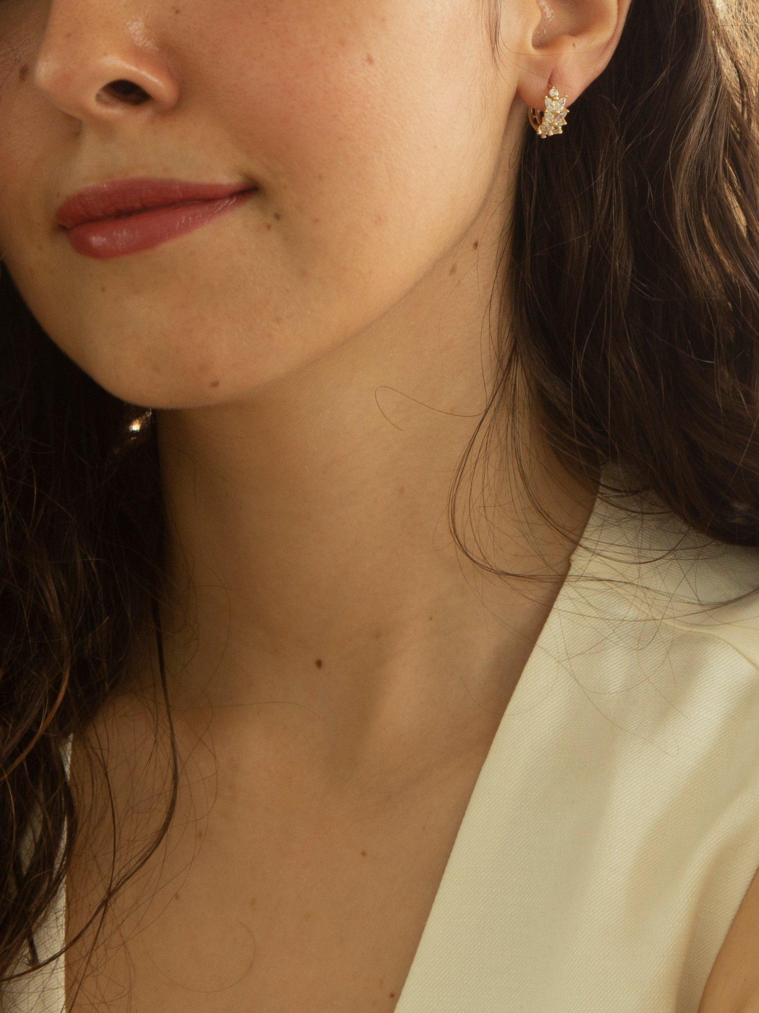 Product image 2 of 4, which shows IBB 9ct Yellow Gold Leaf Cluster Huggie Hoop Earrings, Gold