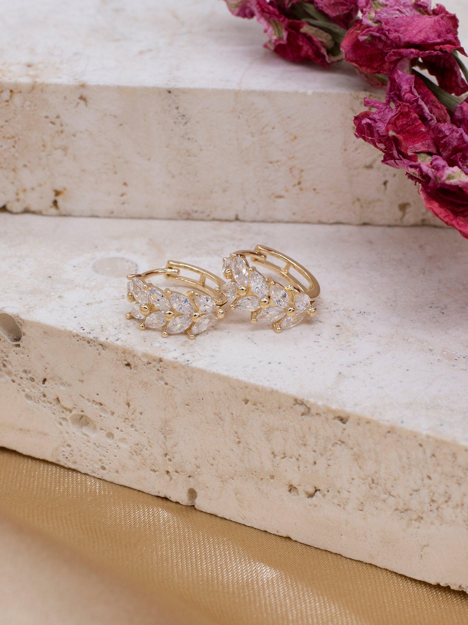 Product image 3 of 4, which shows IBB 9ct Yellow Gold Leaf Cluster Huggie Hoop Earrings, Gold