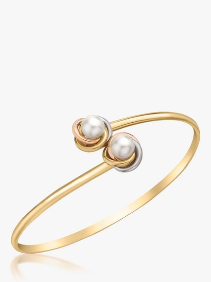 IBB 9ct Three Colour Gold Double Knot and Pearl Flexible Torque Bangle, Multi, Multi