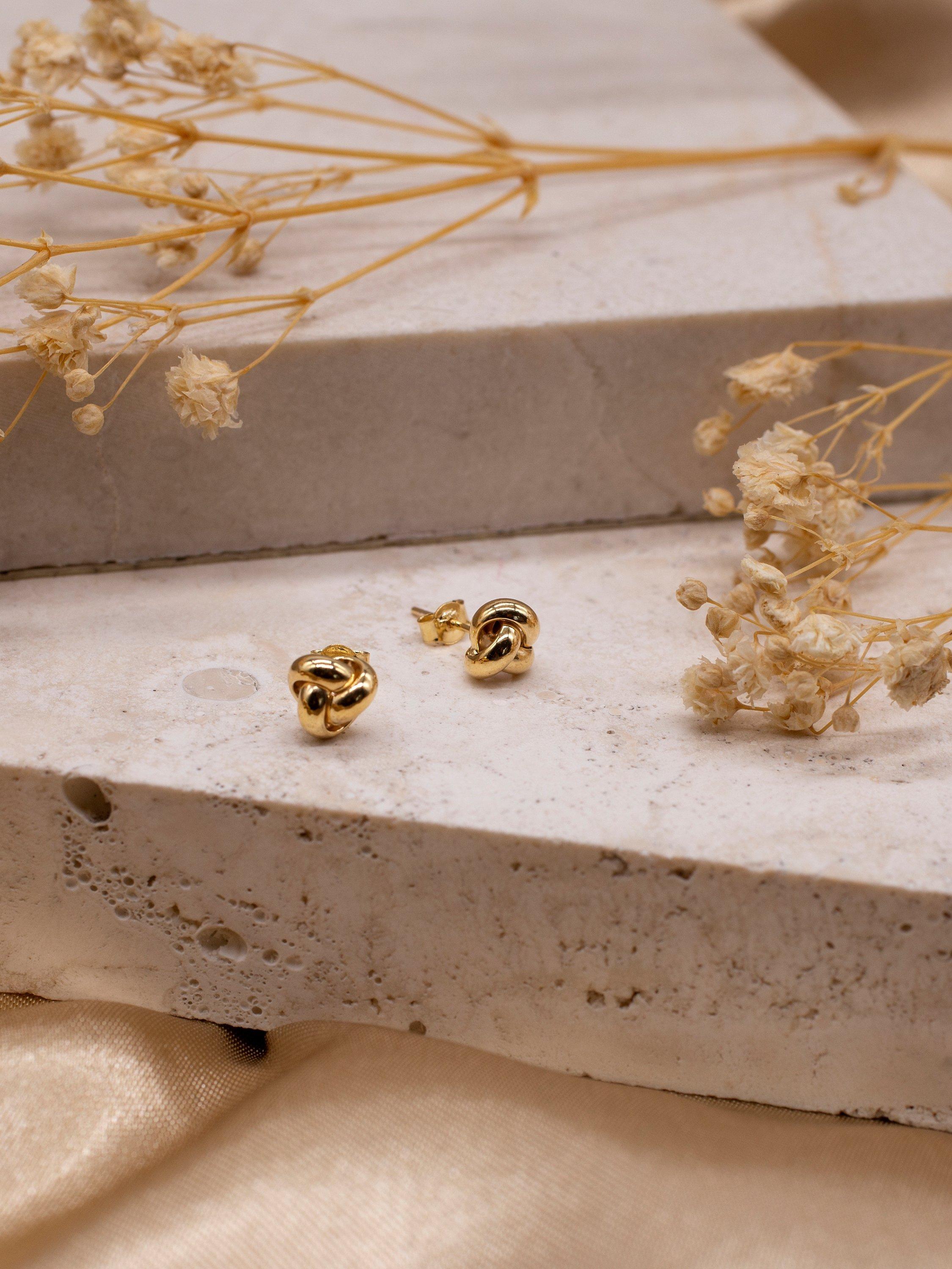 Product image 4 of 5, which shows IBB 18ct Yellow Gold Knot Stud Earrings, Yellow Gold