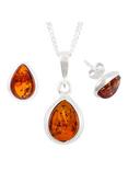 Be-Jewelled Sterling Silver Tear Drop Amber Pendant Necklace And Earrings Gift Set, Amber