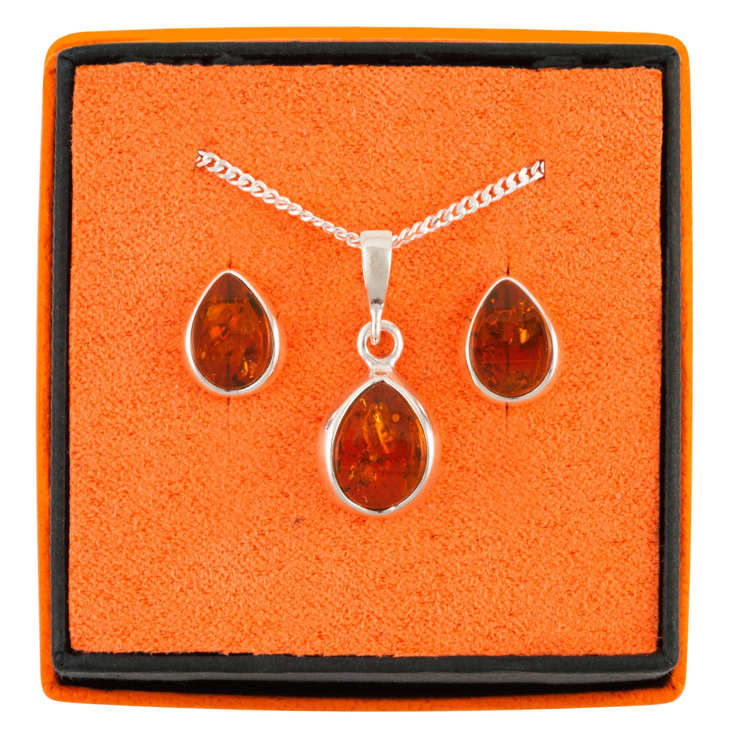 Product image 2 of 3, which shows Be-Jewelled Sterling Silver Tear Drop Amber Pendant Necklace And Earrings Gift Set, Amber