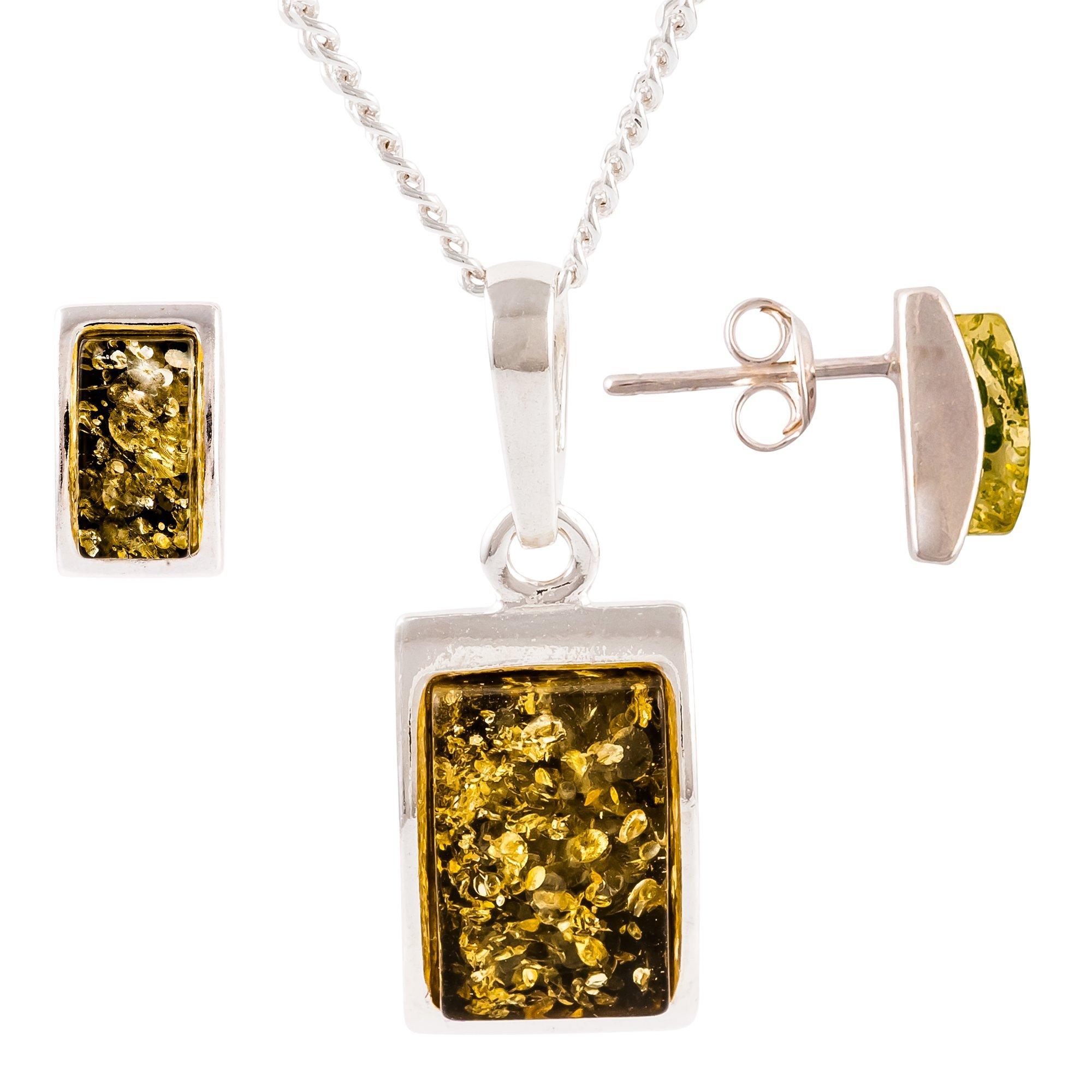 Be Jewelled Sterling Silver Oblong Green Amber Pendant Necklace And Earrings Gift Set Amber