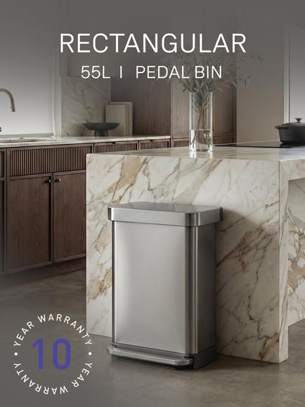 Simplehuman Rectangular Liner Pocket Pedal Bin, Brushed Stainless Steel, 55L - view 2, Silver