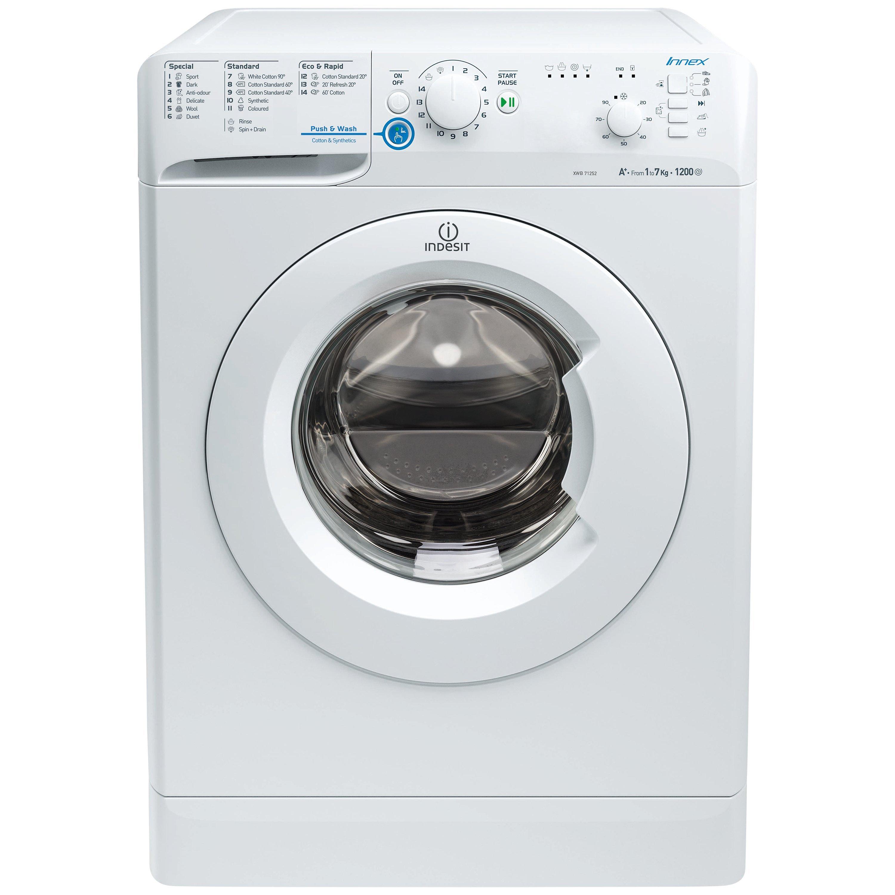 Indesit XWB71252 Freestanding Washing Machine, 7kg Load, A++ Energy Rating, 1200rpm Spin, White