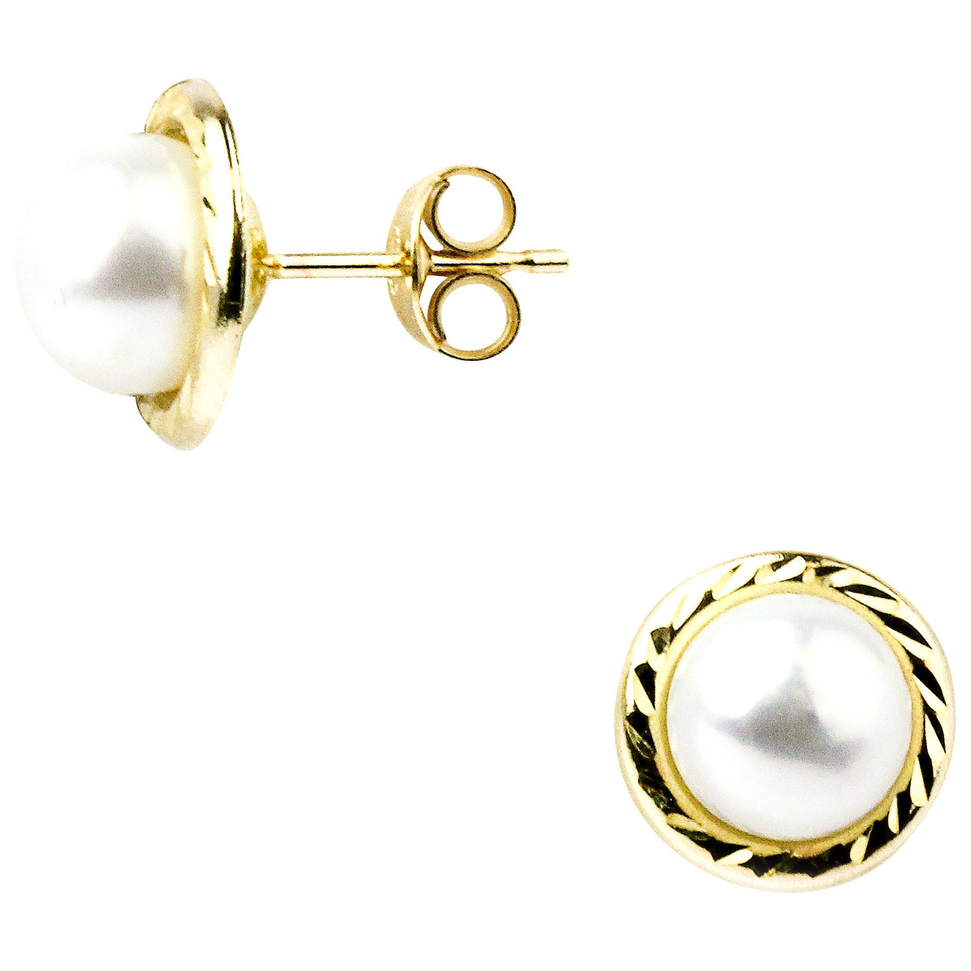 E.W Adams 9ct Yellow Gold Border Freshwater Pearl Stud Earrings, White