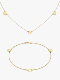 IBB 9ct Yellow Gold Box Chain Heart Necklace and Bracelet Set, Gold, Gold