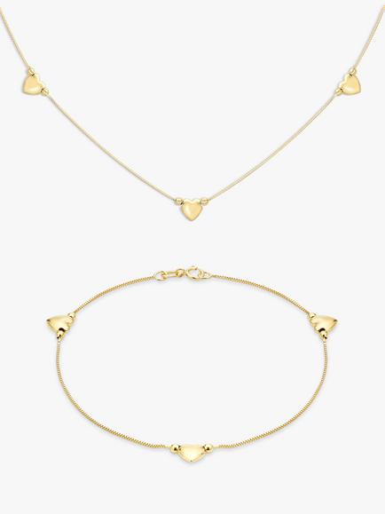 IBB 9ct Yellow Gold Box Chain Heart Necklace and Bracelet Set, Gold, Gold