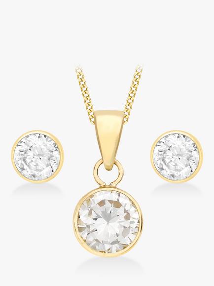 IBB 9ct Yellow Gold Cubic Zirconia Pendant and Stud Earrings Set, Gold, Gold