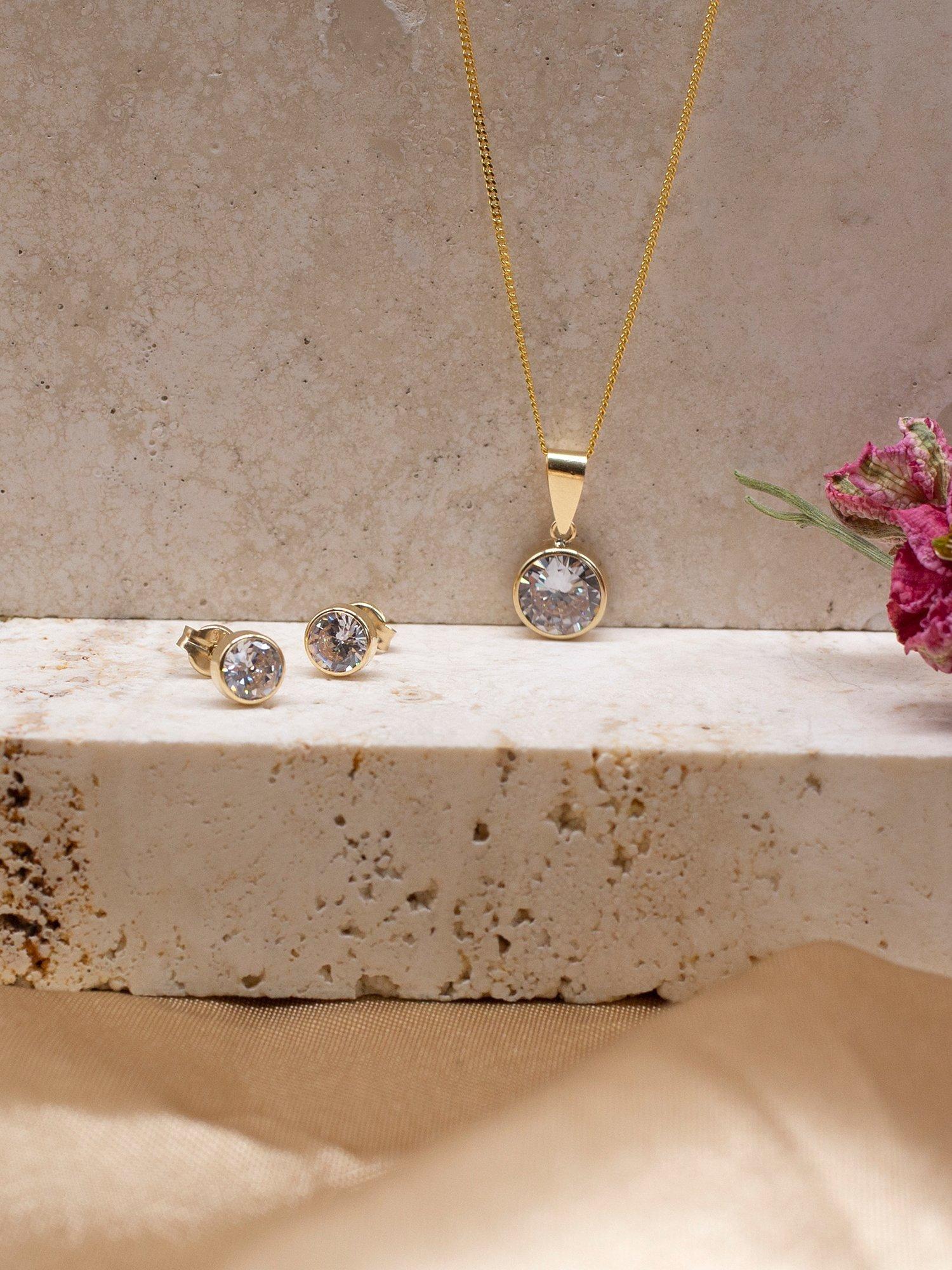 Product image 3 of 9, which shows IBB 9ct Yellow Gold Cubic Zirconia Pendant and Stud Earrings Set, Gold