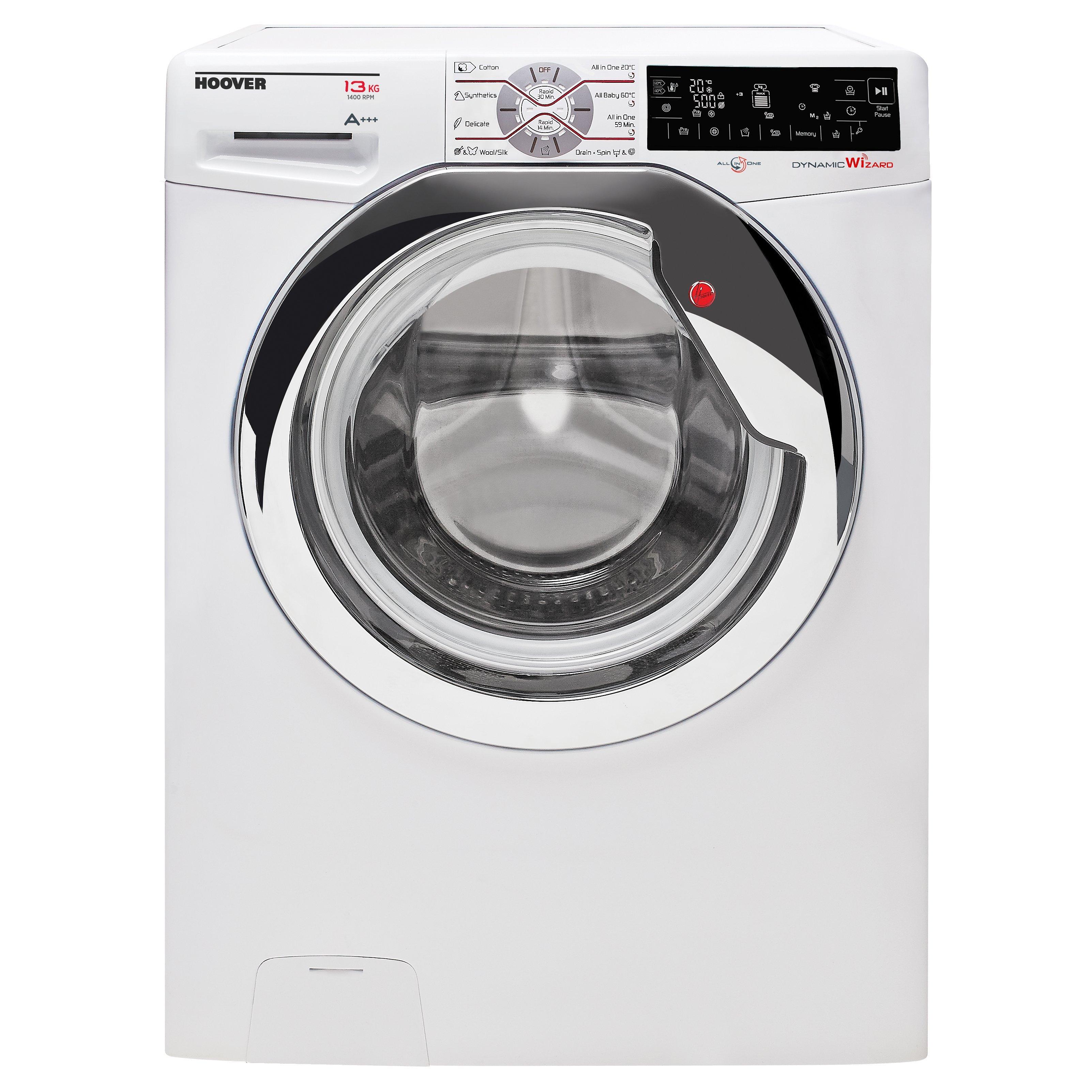 Hoover Dynamic Wizard DWT L413AIW3/1 Freestanding Wi-Fi Washing Machine, 13kg Load, A+++ Energy Rating, 1400rpm Spin, White/Chrome