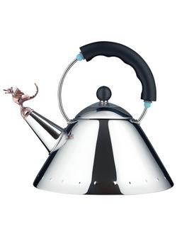 Alessi Tea Rex Stovetop Kettle with Dragon Whistle, Silver/ Black