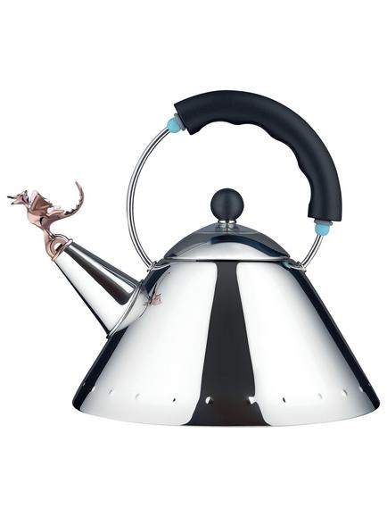 Alessi Tea Rex Stovetop Kettle with Dragon Whistle, Silver/ Black