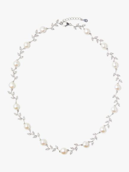 Lido Leaf Pearl Necklace, Silver/White, Silver/White